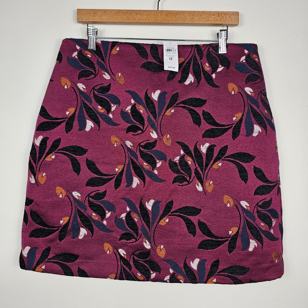 NWT Ann Taylor Skirt Womens 12 Burgundy Floral Jacquard‎ Mini A-Line Zip Back